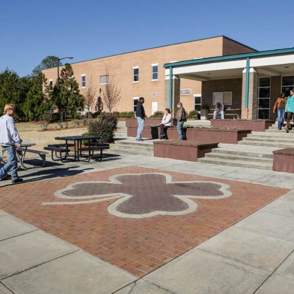 Students on Dublin Campus by the signature shamrock entryway