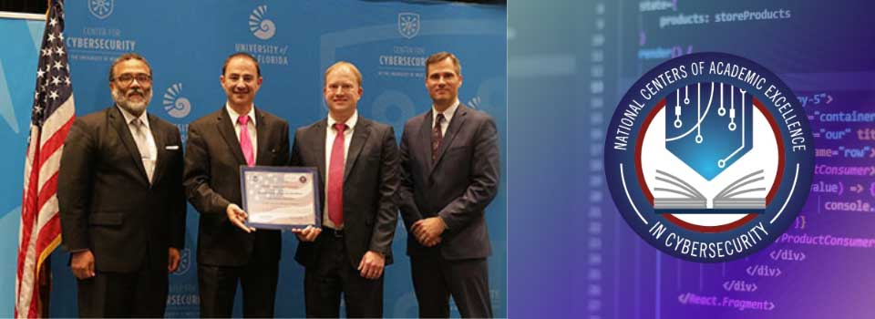 MGA faculty recognized at the University of West Florida by the Center for Cybersecurity, collaged with the NSA and NCAE logos