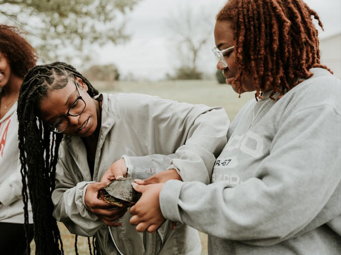two students carefully handling a turtle during an outdoor class session