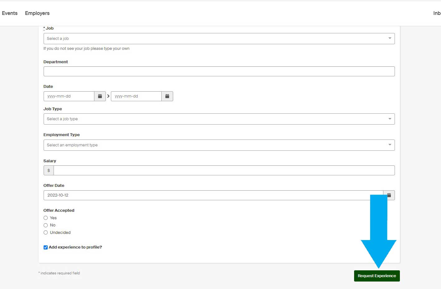 a blue arrow pointing to the request experience botton