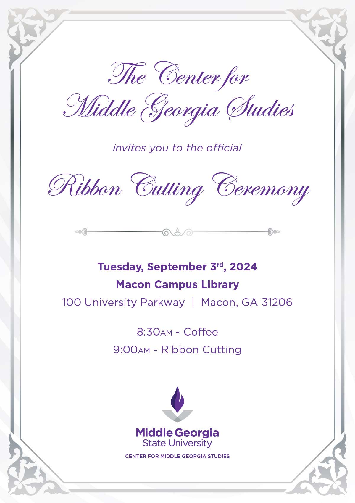 Invitation for the ribbon cutting of the Center of Middle Georgia Studies on September 3rd, 9AM