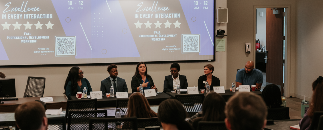 Staff panel at the Fall Professional Development Workshop's excellence in every interaction event