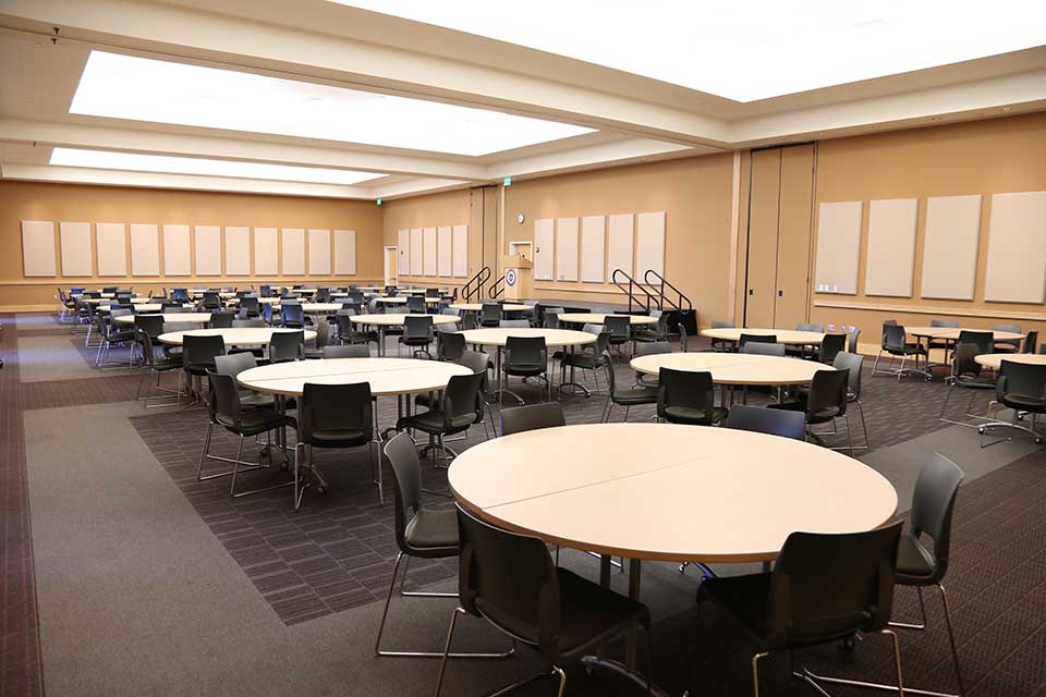 The banquet hall undecorated with tables