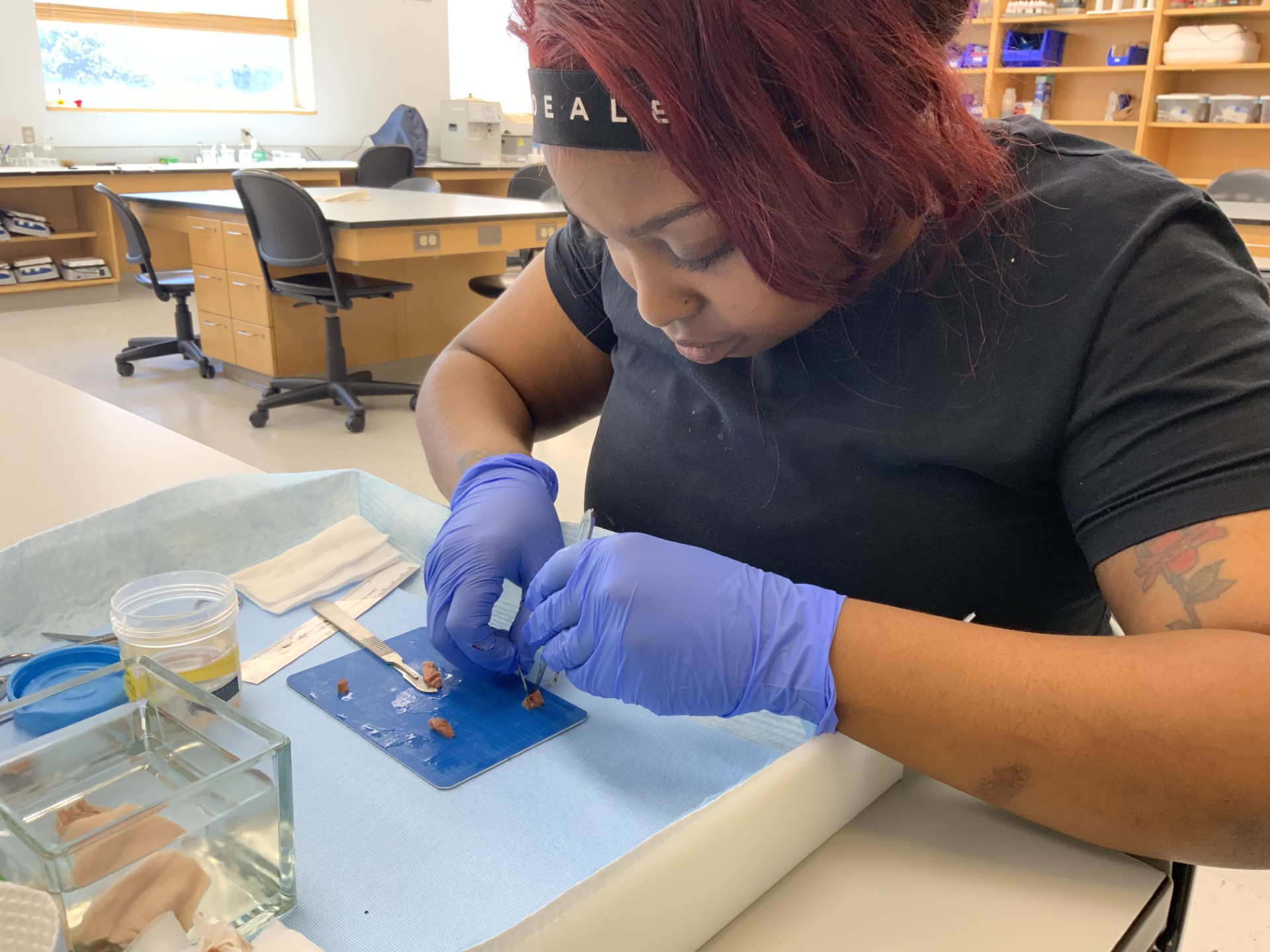 Aleighah working on a histology sample in the Dr. Chris Rigsby Lab.