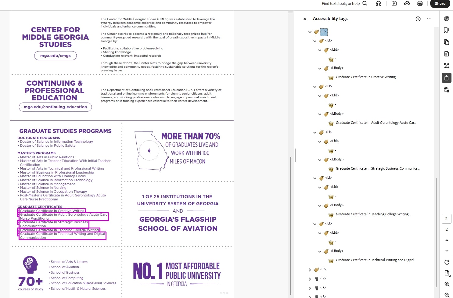 list tag in PDF highlighted in pink, each <LI> tag has <Lbl> and <LBody> tags nested in it.