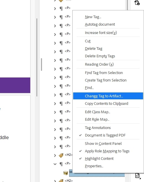right-click on a tagged item to artifact it