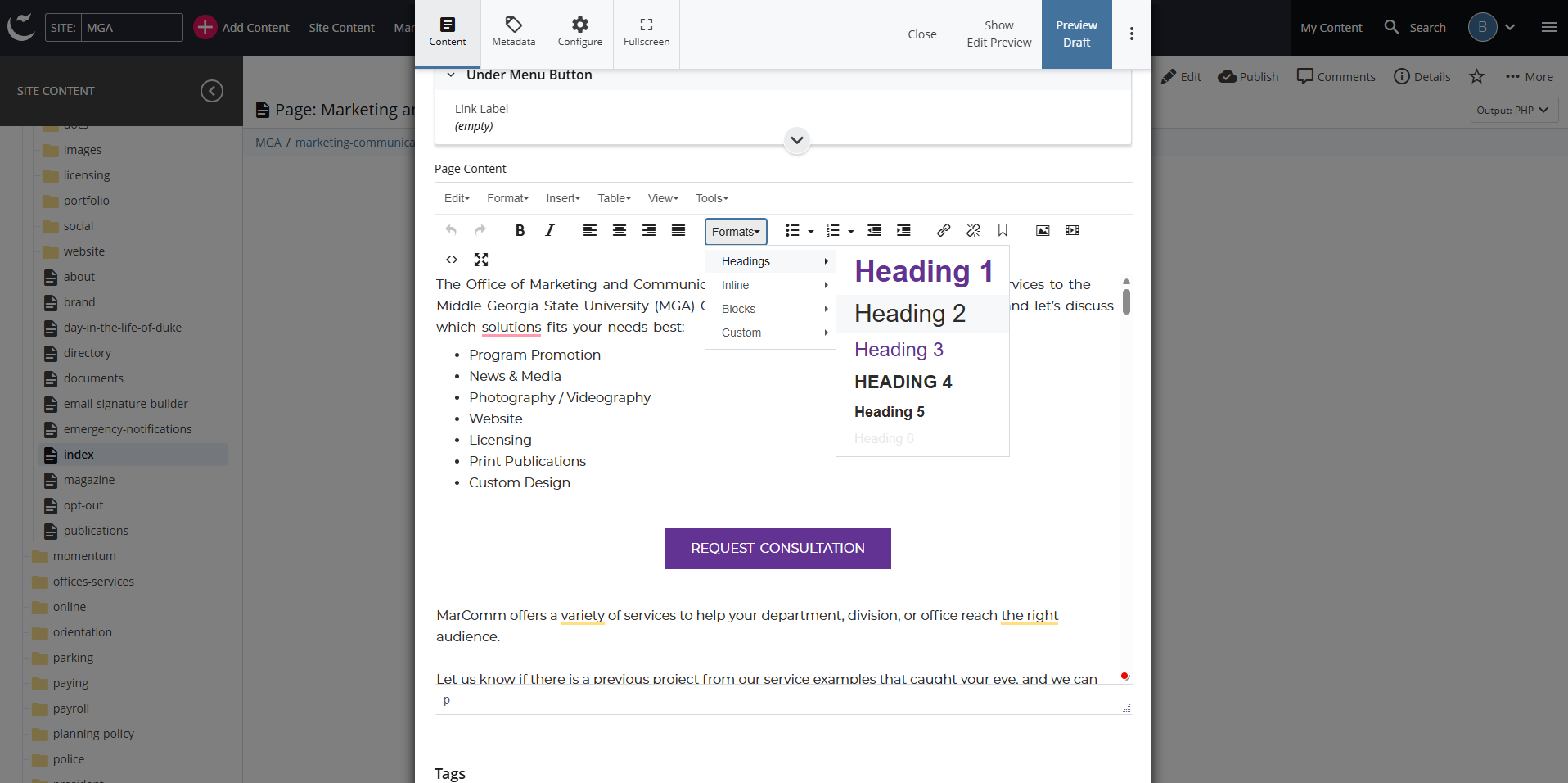 headings are under Formats tab in Cascade page editor
