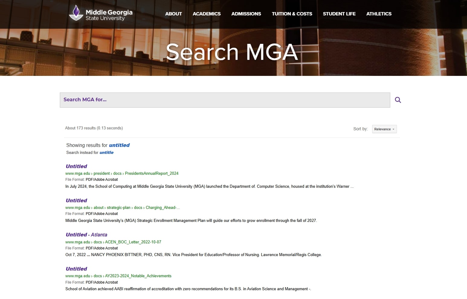 173 search results list of Untitled PDFs on the MGA website