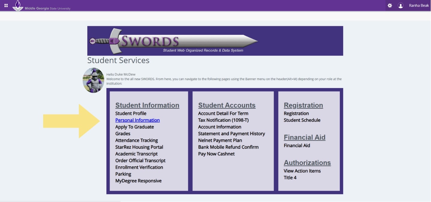 A screen shot of a SWORDS account with the personal information tab and Update Addresses and Phones link pointed out