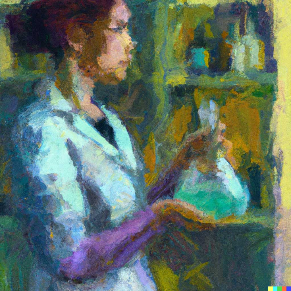 DALLE-2023-10-19-18.12.29---A-female-scientist-holding-a-flask-in-a-laboratory-in-the-style-of-monet.png