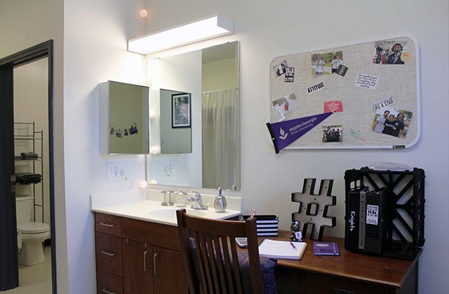 A bathroom with a full bath shower, countertop sink, toilet, and full sized mirror.