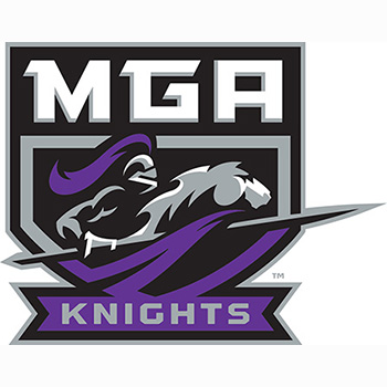 The athletic logo for Middle Georgia State University featuring a drawing of a Knight holding a lance while riding a horse